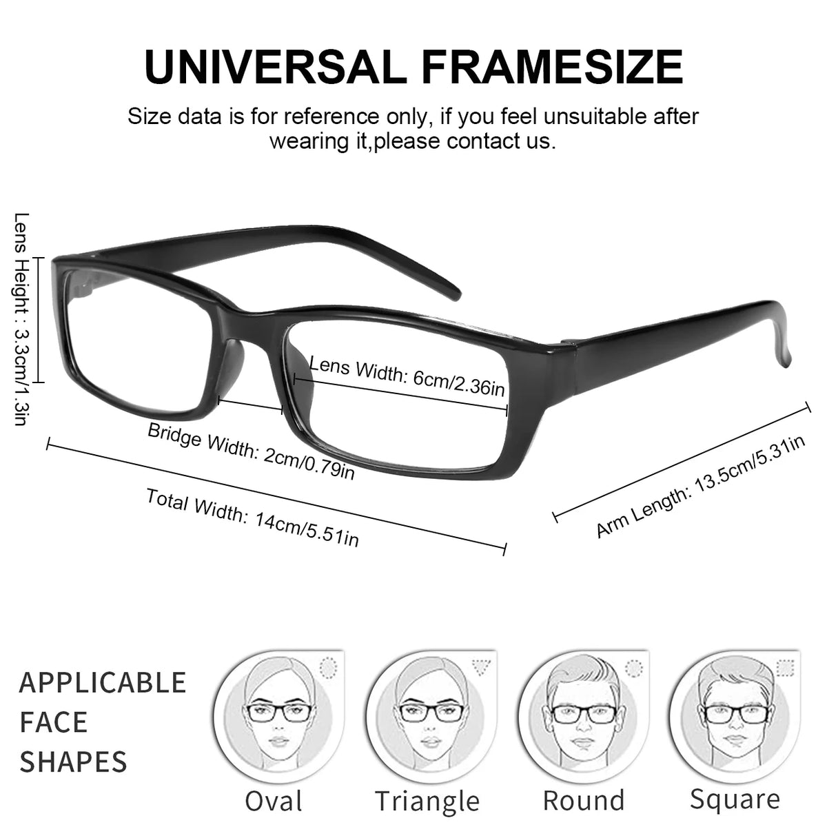 Lunettes de lecture universelles avec mesures et formes de visage applicables