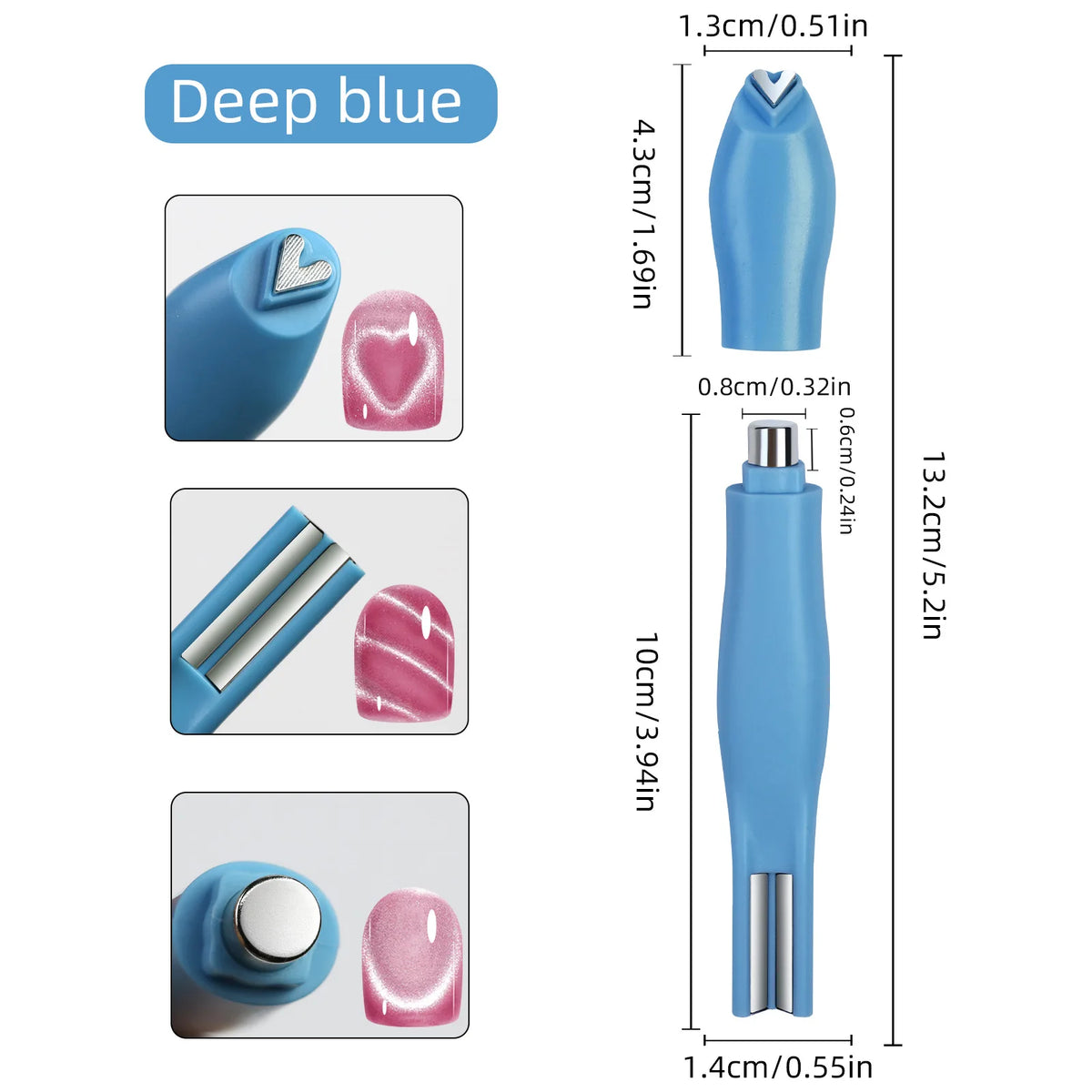 Ensemble de aimants pour ongles cat-eye à motif argyle bleu profond, montrant divers outils et ongles finis.