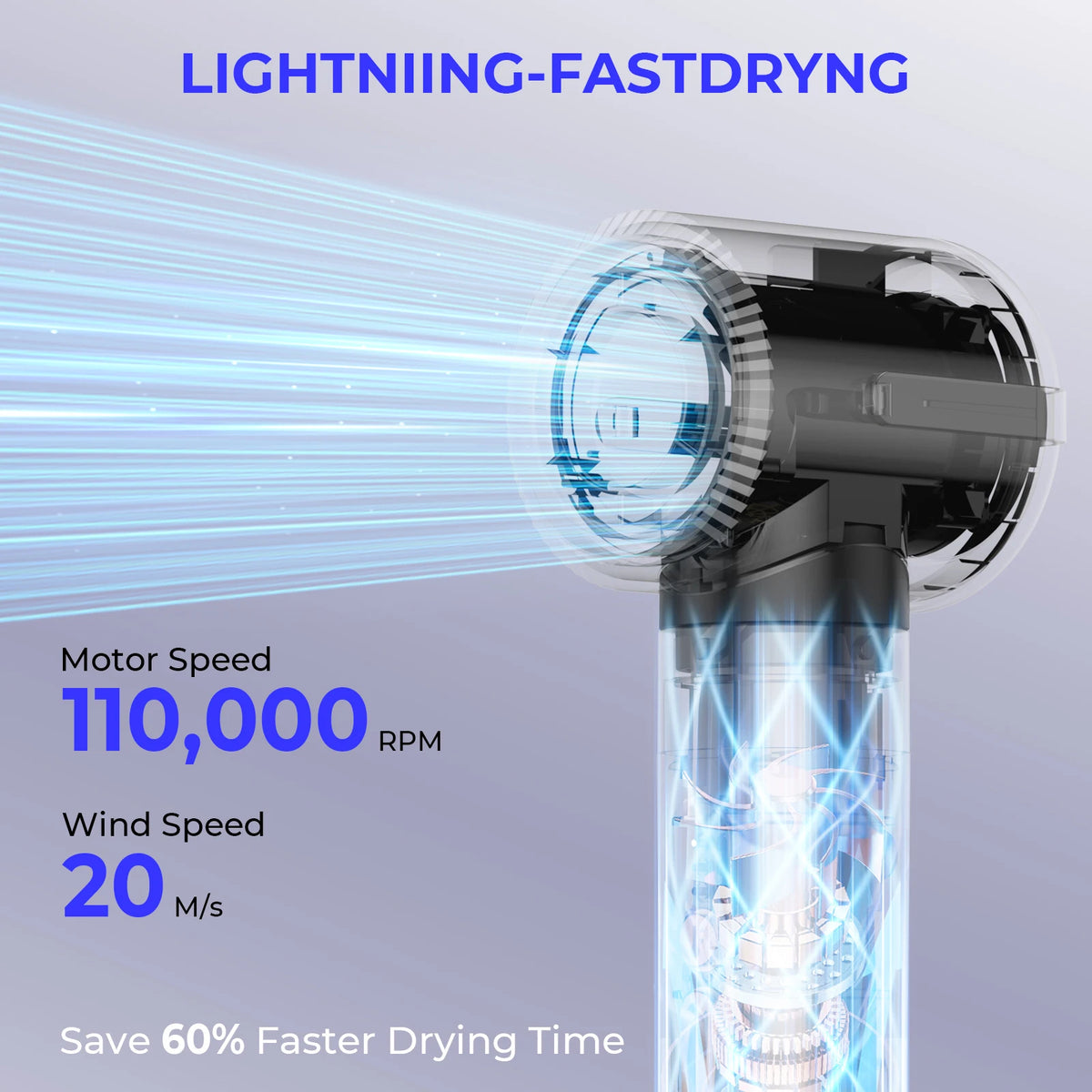 A close-up of a hair styling tool demonstrating powerful airflow for lightning-fast drying.