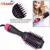 A black hair dryer brush with pink accents is shown next to a woman using it for styling.