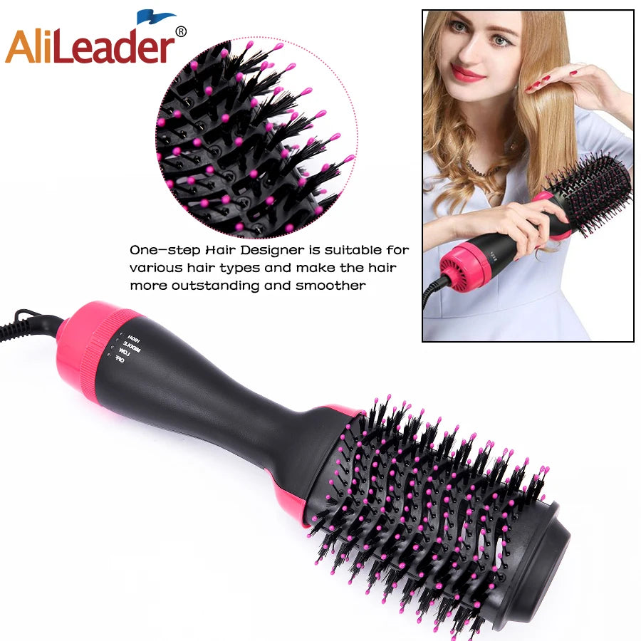 A black hair dryer brush with pink accents is shown next to a woman using it for styling.
