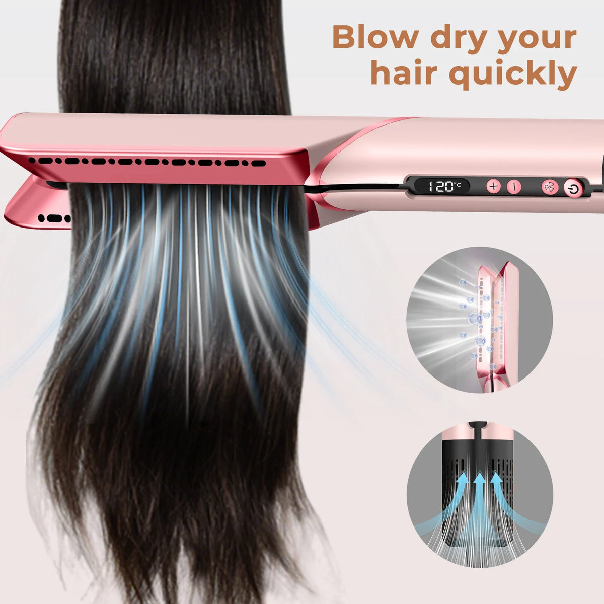 Plancha y secador de pelo rosa 2 en 1 que seca rápidamente el cabello oscuro.