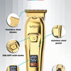 A gold-colored VGR hair trimmer shows various components including stainless steel blades, a panel, LED indicator, and USB ch