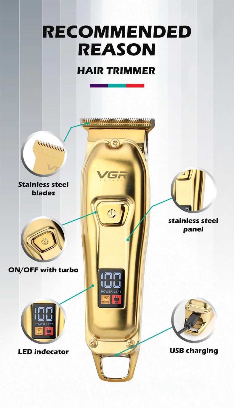 A gold-colored VGR hair trimmer shows various components including stainless steel blades, a panel, LED indicator, and USB ch