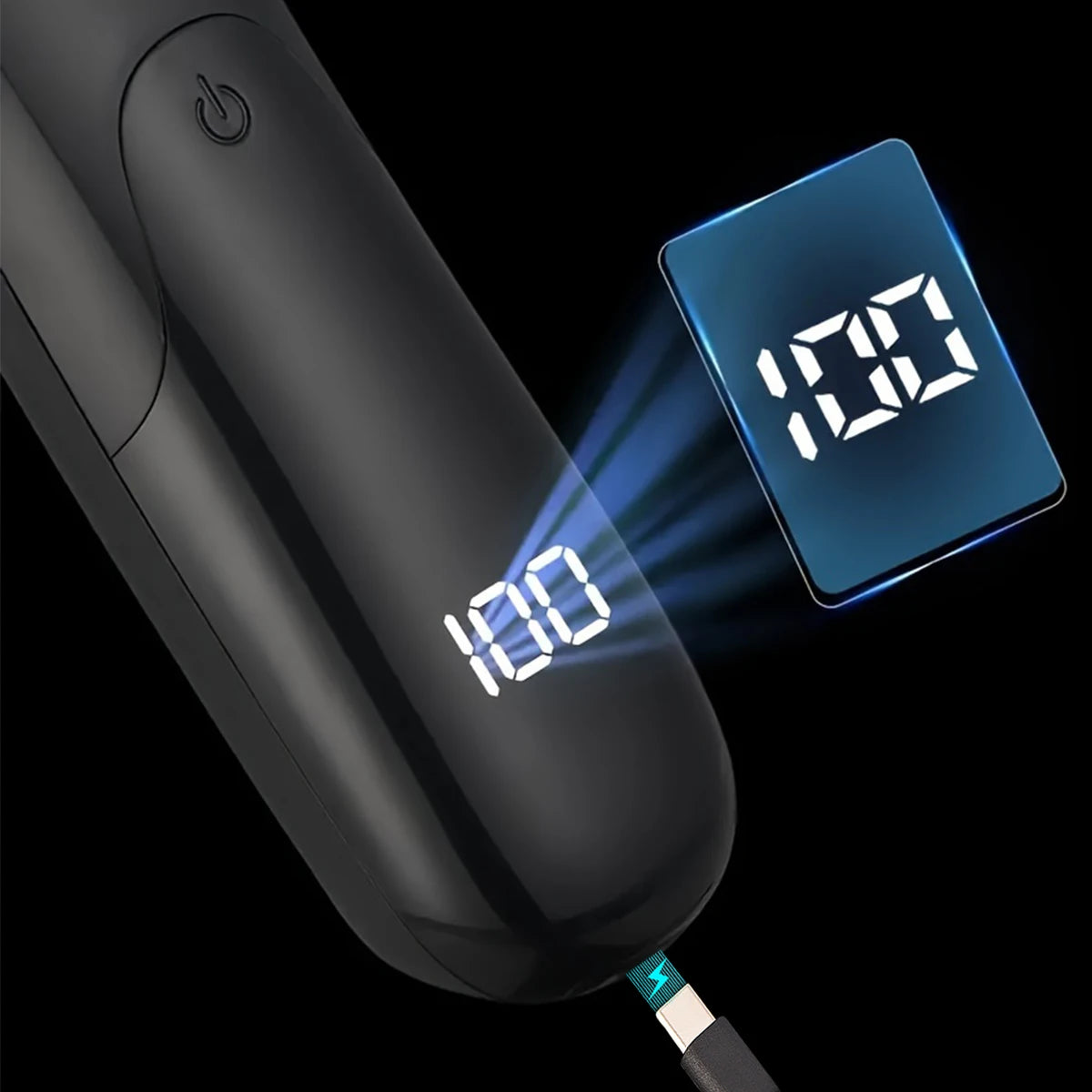 A black body hair trimmer emits a bright blue light beam onto a square blue display showing 100.