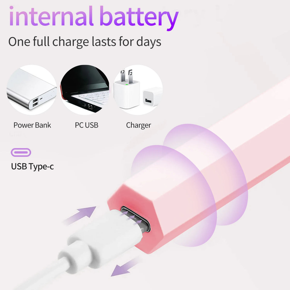 A close-up view of a pink UV LED nail lamp with a white connector, showing its rechargeable battery and USB Type-c connection