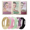 A collection of adjustable face slimming belts in various colors including beige, pink, green, and purple.