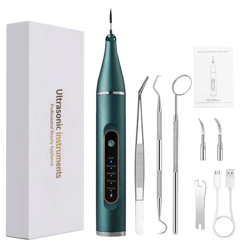 Grütes Ultraschallgerät-Kit mit Reinigungsgerät, Zahnwerkzeugen und Manuellbox.