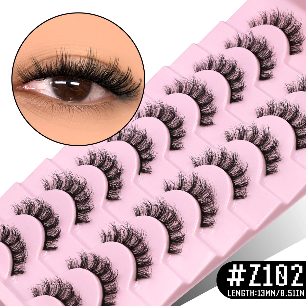 A pink lash comb with faux mink eyelashes is shown, highlighting the length of 13mm/0.5in.