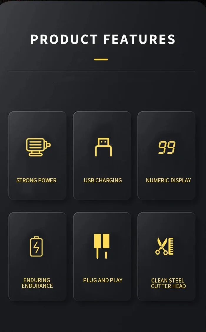Product features list showing strong power, USB charging, numeric display, enduring endurance, plug and play, and clean steel