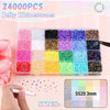 A collection of 24000 pieces of colorful jelly rhinestones in various shades and sizes displayed in a clear plastic box.