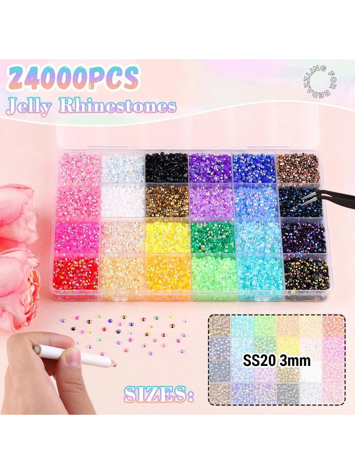 A collection of 24000 pieces of colorful jelly rhinestones in various shades and sizes displayed in a clear plastic box.