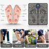 Portable EMS foot massager device with various massage points and usage demonstrations for muscle relief