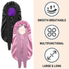 A pink satin silk hair bonnet cap shown with features like smooth breathable, multifunctional, and large & long design.