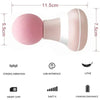 Pink mini portable massage gun with a textured head and white body, showing features like strong vibration, USB interface, li
