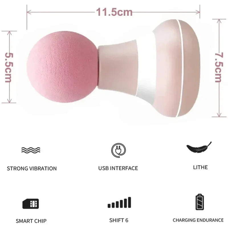Pink mini portable massage gun with a textured head and white body, showing features like strong vibration, USB interface, li