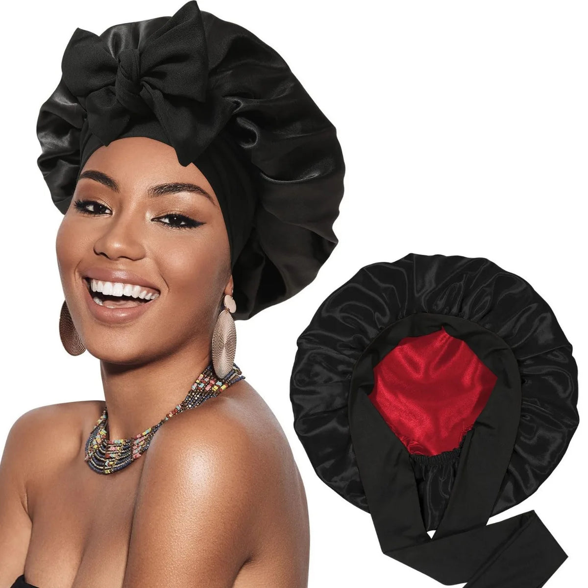 Una mujer modela un gorro para el cabello de satén negro de doble capa con aretes de oro.