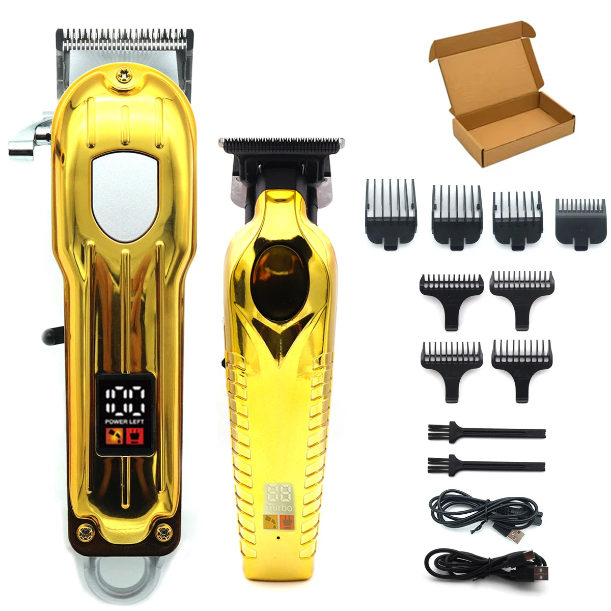 Professioneller kabelloser Haartrimmer in Gold und Silber mit Zubehör und Verpackung.