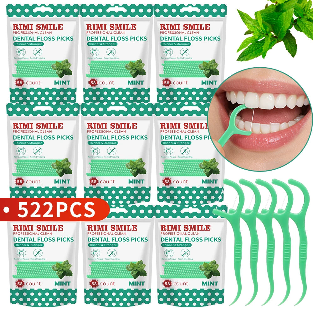 A collection of green dental floss picks in various counts packaged with mint flavor and a portable case.