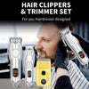 A male hairdresser is holding a set of professional electric hair clippers and a trimmer set for grooming.