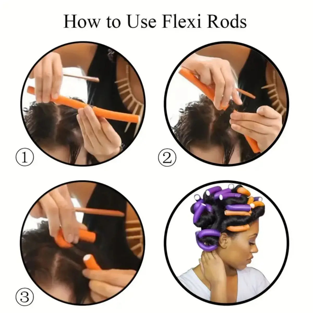 Three steps showing how to use flexi rods for styling hair curls.