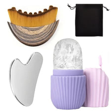 Un set d'outils de massage facial gua sha et rouleau à glace en acier inoxydable, de couleur violette et rose.