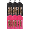 A set of three black and pink mesh storage bags with metal hangers for storing wigs.