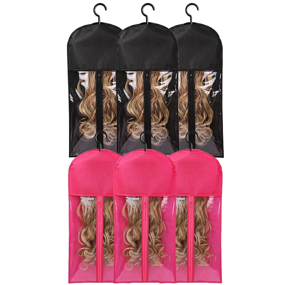 A set of three black and pink mesh storage bags with metal hangers for storing wigs.