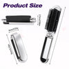 A folding mini hair comb with a mirror is shown in various views and dimensions.