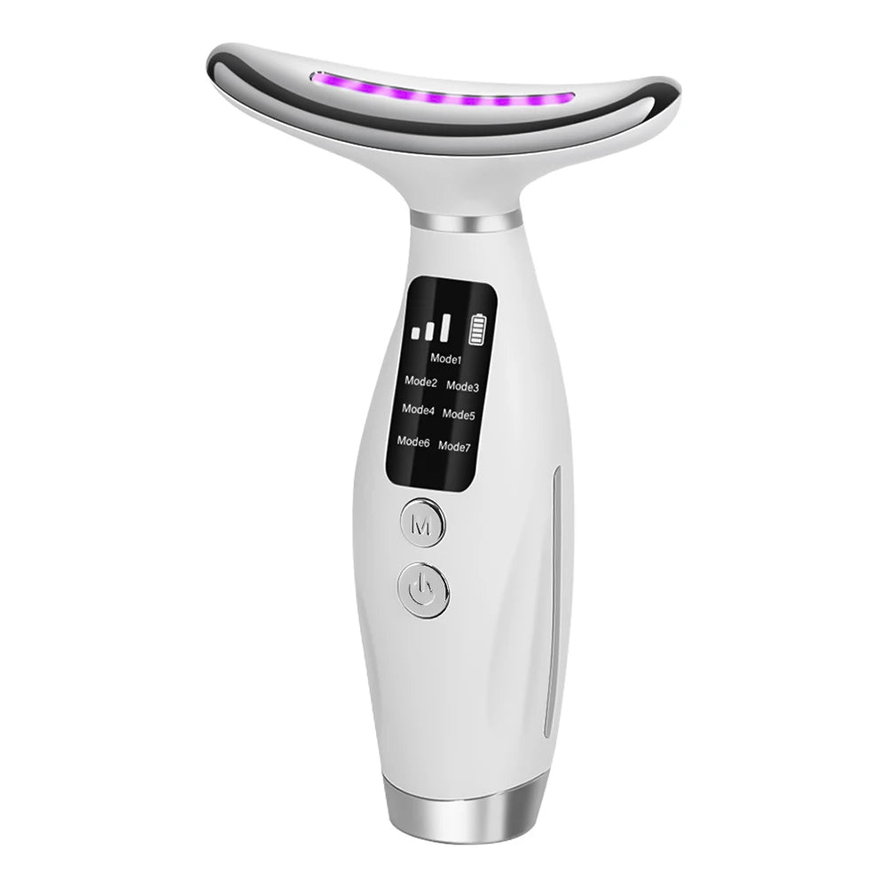 A white multi-mode LED beauty and massage device with a curved head and control buttons.