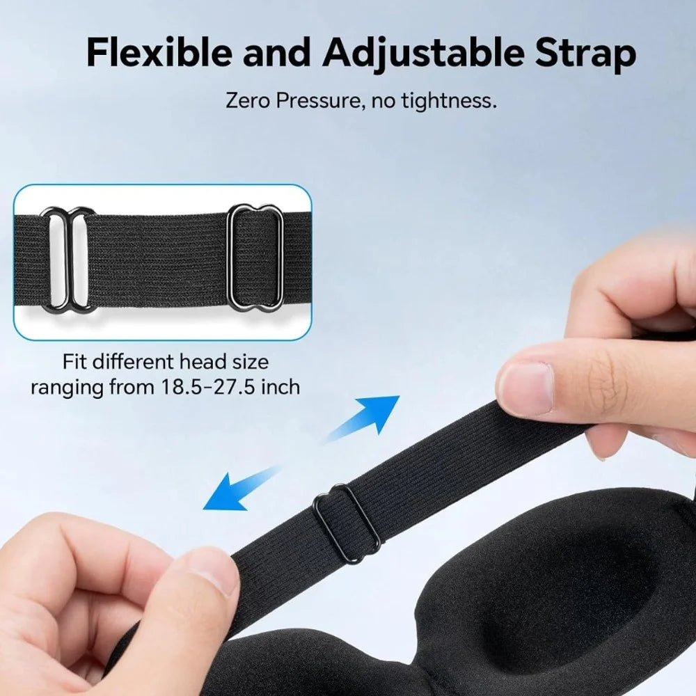 A close-up of a black flexible and adjustable strap being fitted onto a 3D sleep mask.