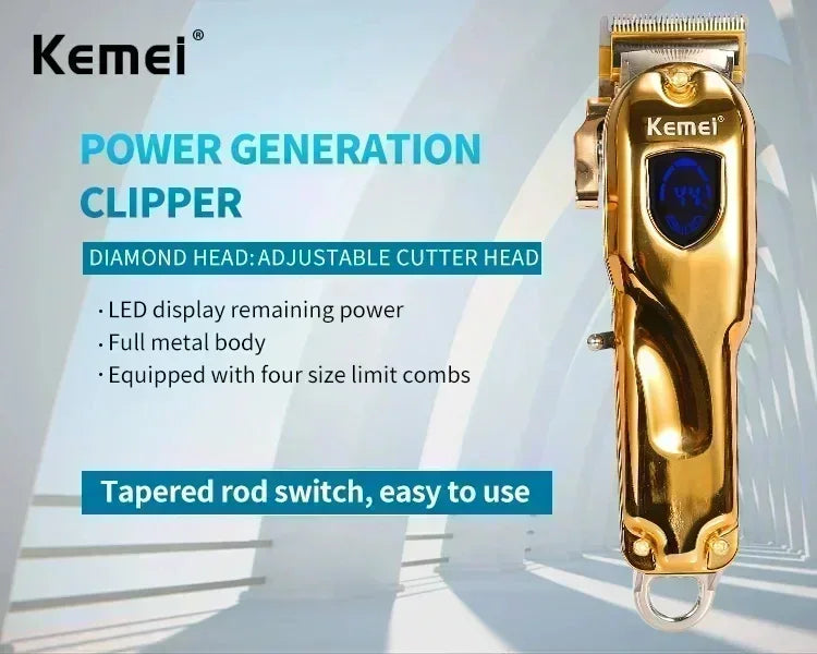 A gold Kemei power generation clipper with a diamond head and tapered rod switch is shown against a bright background.