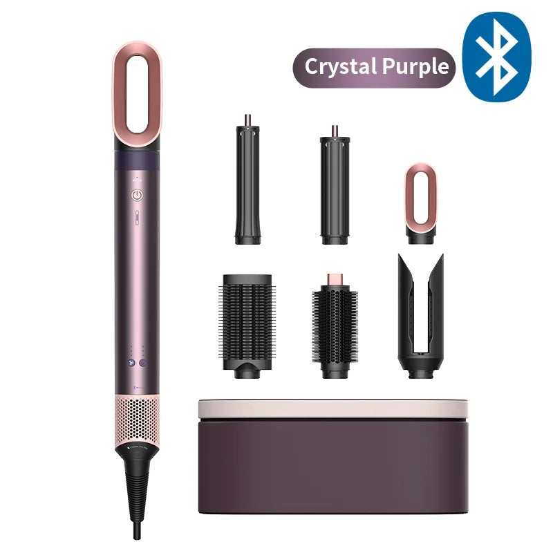 A set of 6 hair styling tools including a cylindrical dryer and various styling attachments in a purple color.