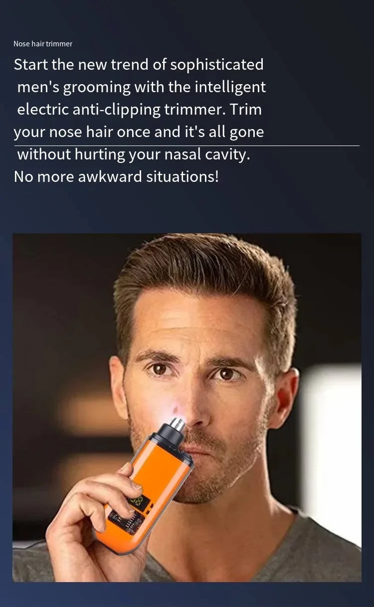 Ein Mann benutzt einen orangefarbenen tragbaren, wiederaufladbaren Nasen- und Ohrhaartrimmer auf seinem Gesicht.