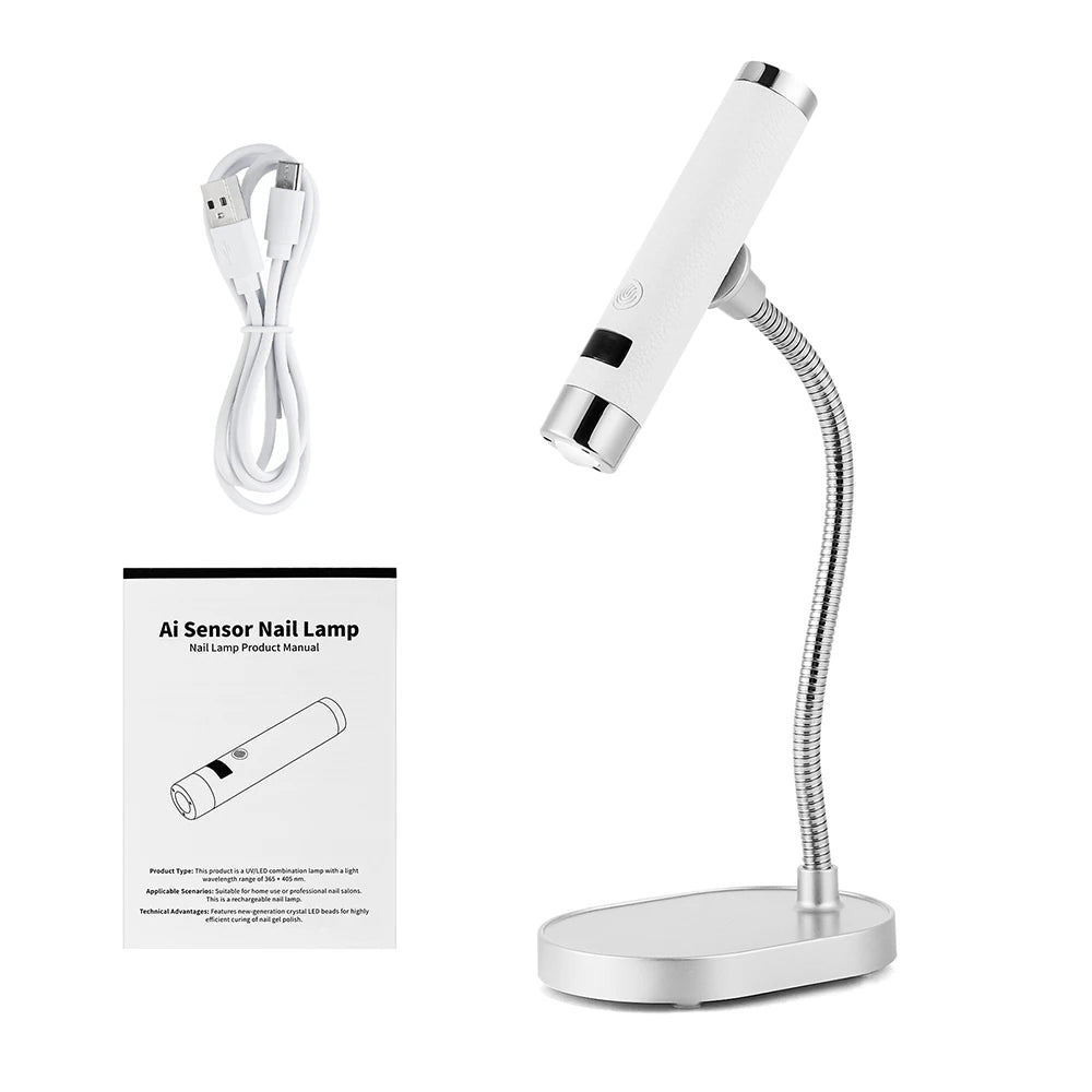 A white portable dual-mode gel nail lamp with a silver base and adjustable arm.