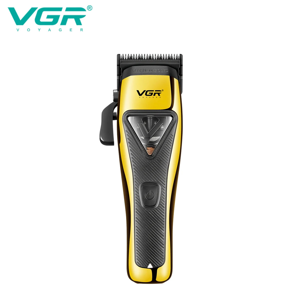 A yellow and black professional rotary hair clipper with a textured body and a protective cap.