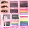 A collection of mixed cluster false eyelashes in various colors and styles shown alongside natural lashes.