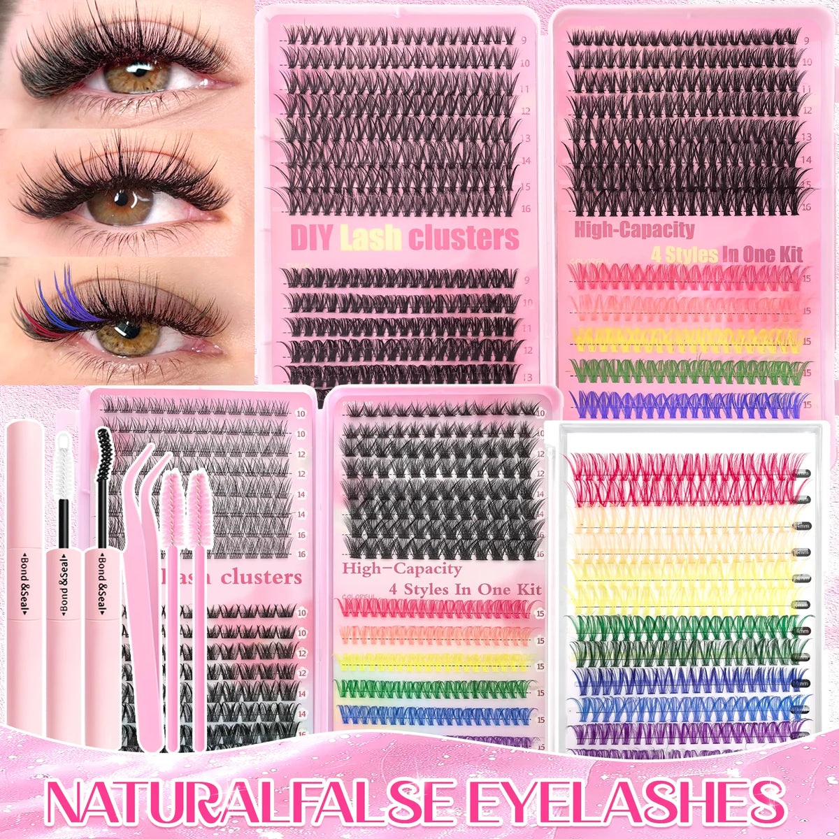 A collection of mixed cluster false eyelashes in various colors and styles shown alongside natural lashes.