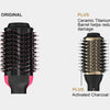 Comparison of an original hair blow dryer brush and a plus version with ceramic titanium barrel and activated charcoal pins