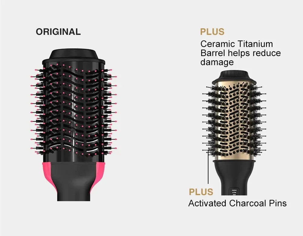 Comparison of an original hair blow dryer brush and a plus version with ceramic titanium barrel and activated charcoal pins