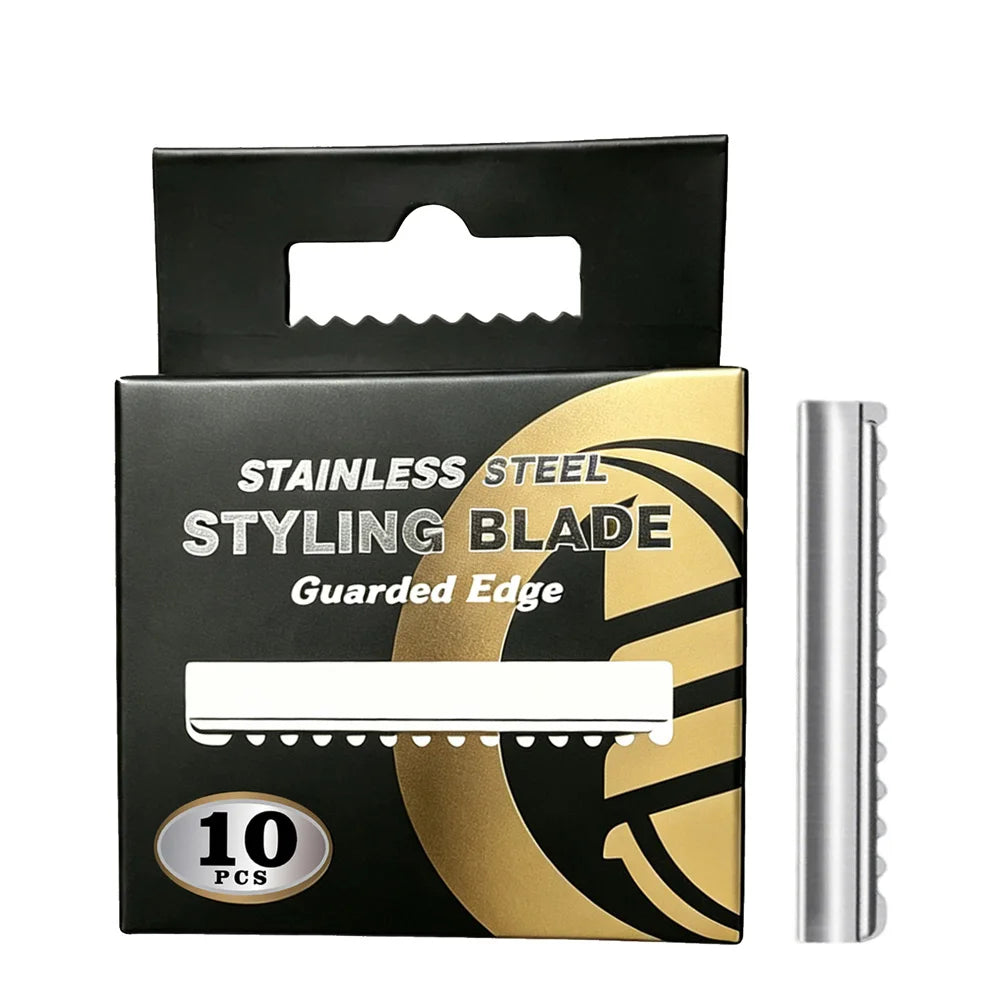 A black box containing ten stainless steel styling blades with a guarded edge and a visible blade section.
