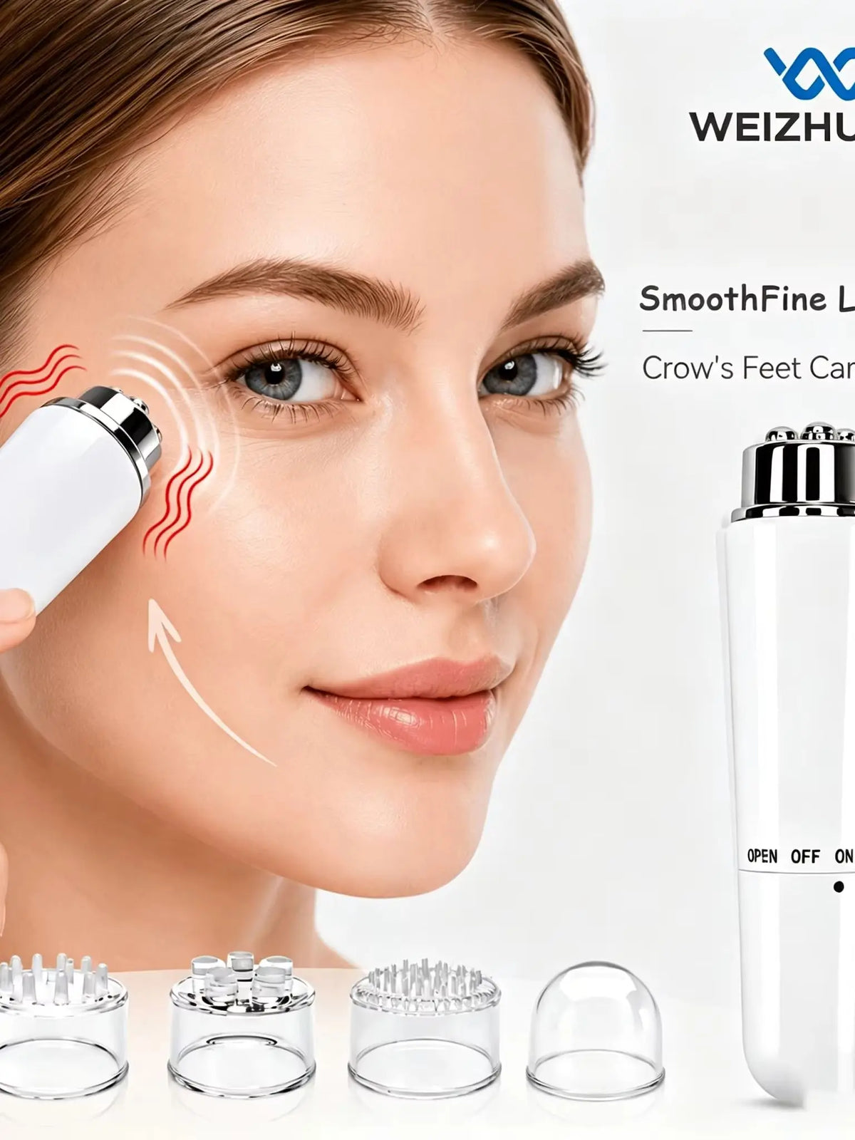 A woman is using a white facial massager device on her face, with various interchangeable silicone tips displayed nearby.