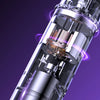 Close-up of a silver electric hair remover device with an open seam cutting blade and skin sticking knife mesh.