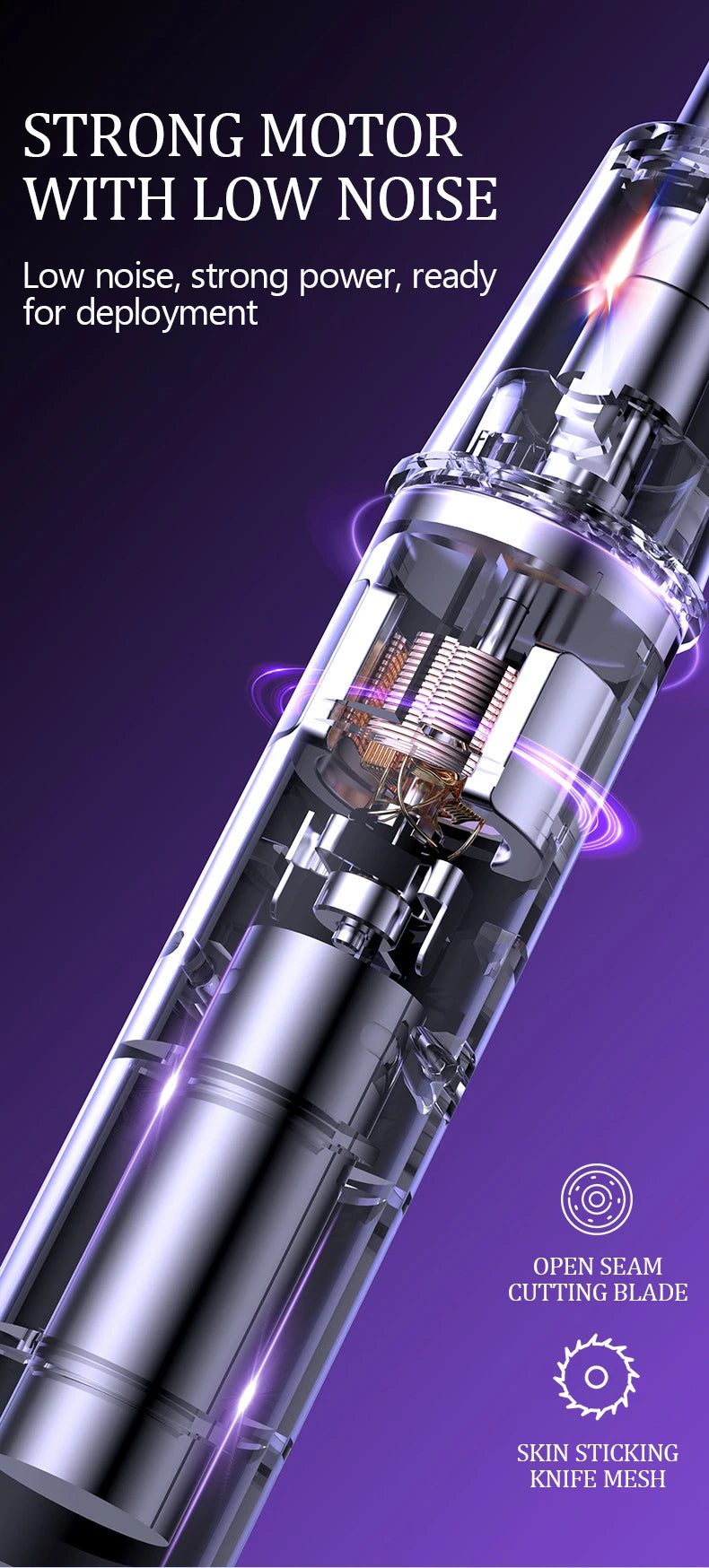 Close-up of a silver electric hair remover device with an open seam cutting blade and skin sticking knife mesh.