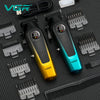A set of VGR professional cordless hair clippers in gold and teal colors with various attachments shown on a black background