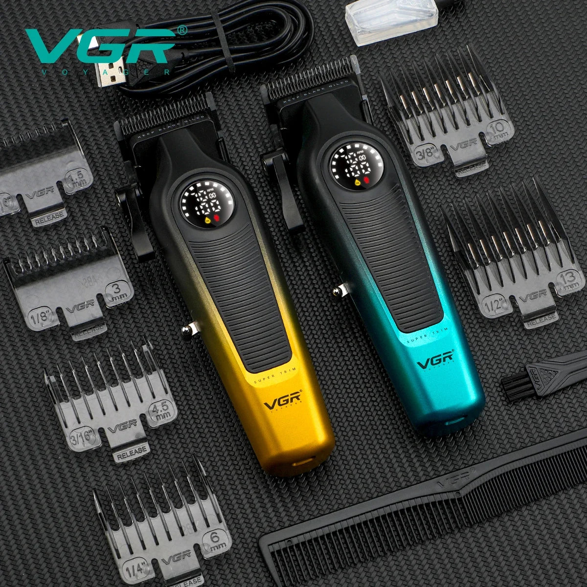 A set of VGR professional cordless hair clippers in gold and teal colors with various attachments shown on a black background