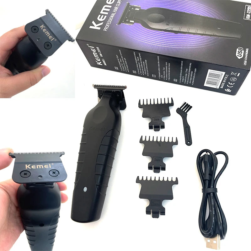 Schwarzer professioneller Elektroscheren-Trimmer mit verschiedenen Aufsätzen und Verpackung.
