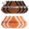 A set of 20 triangular cosmetic powder puffs in shades of brown, black, and peach.