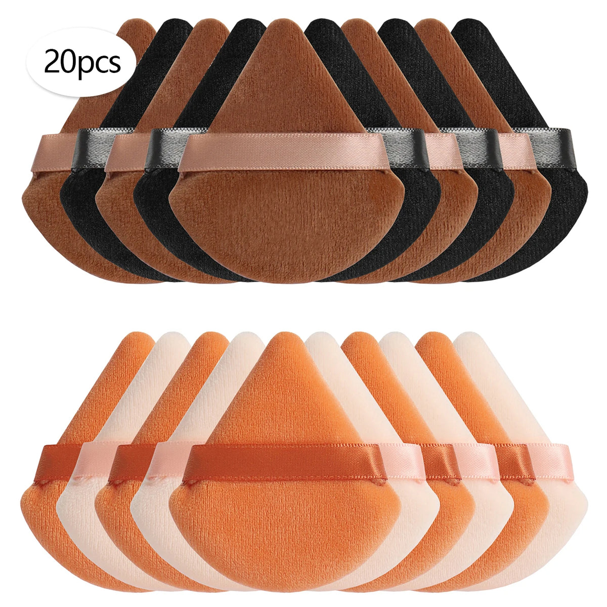 A set of 20 triangular cosmetic powder puffs in shades of brown, black, and peach.