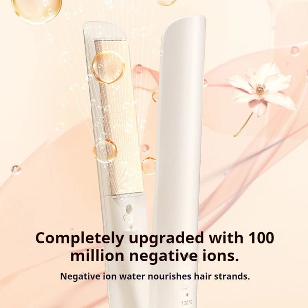 Plancha o rizador de cabello blanco con efectos de iones negativos, rodeado por elementos florales rosas.